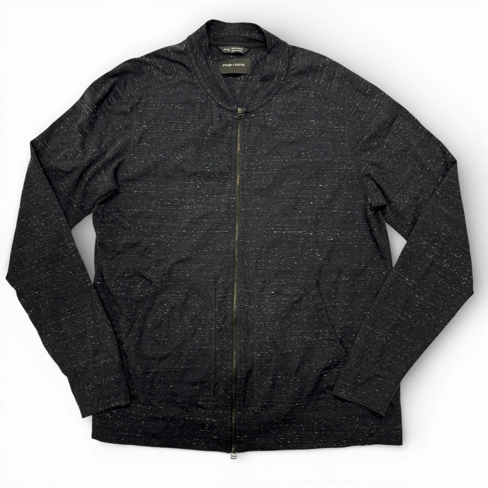 Wings + Horns Speckled Knit Full Zip Bomber Jacket Mens‎ XL Black Full Zip